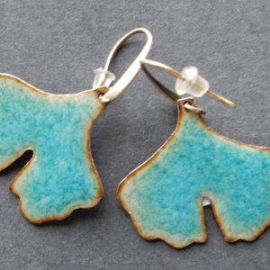 Brincos cobre Ginkgo Biloba Azul