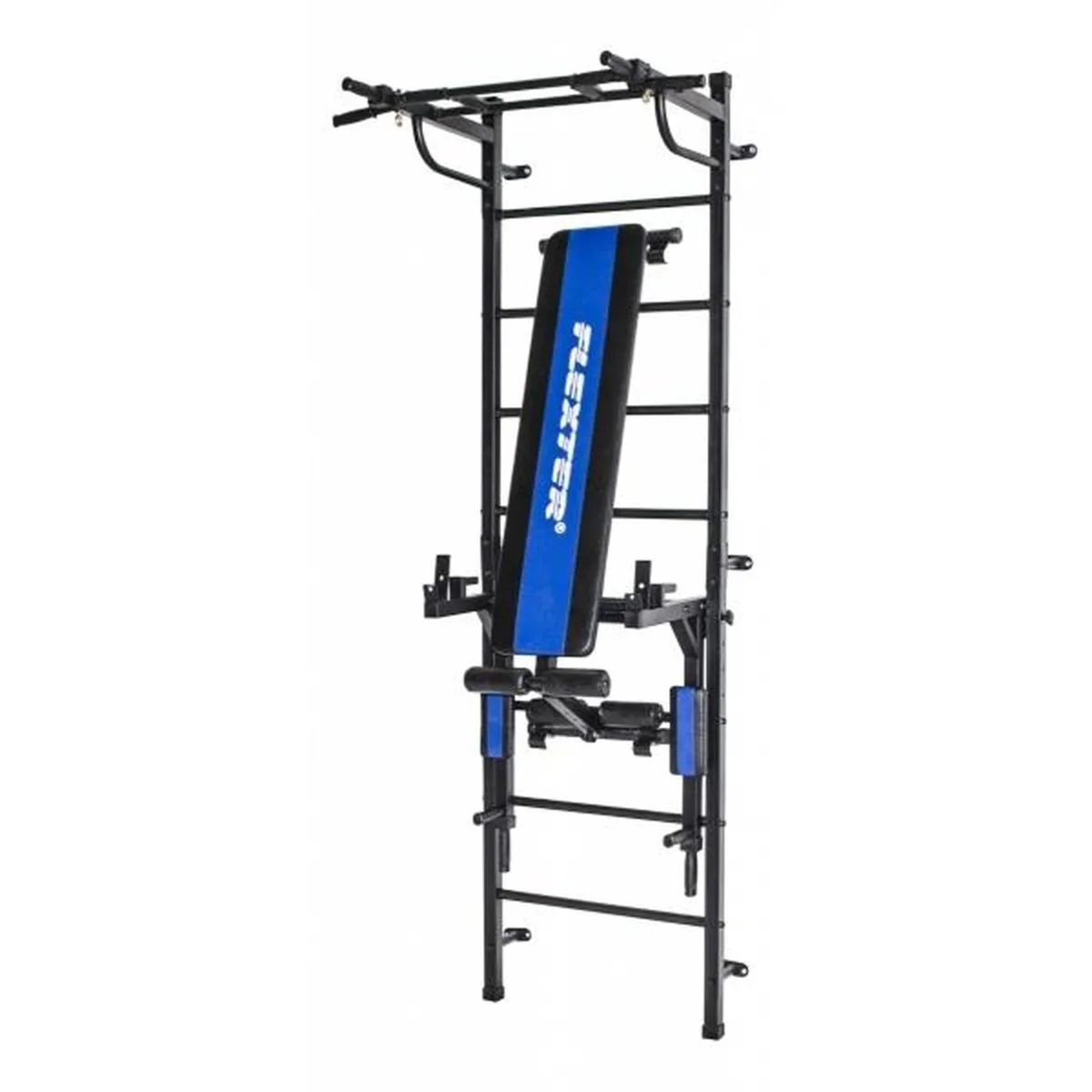 Ginásio de parede adulto "3 em 1" com barra traseira, barras de imersão, banco dobrável e barra pull-up BOGATYR FLEXTER 246 * 110 * 68,5 cm Branco - Preto - Image 5